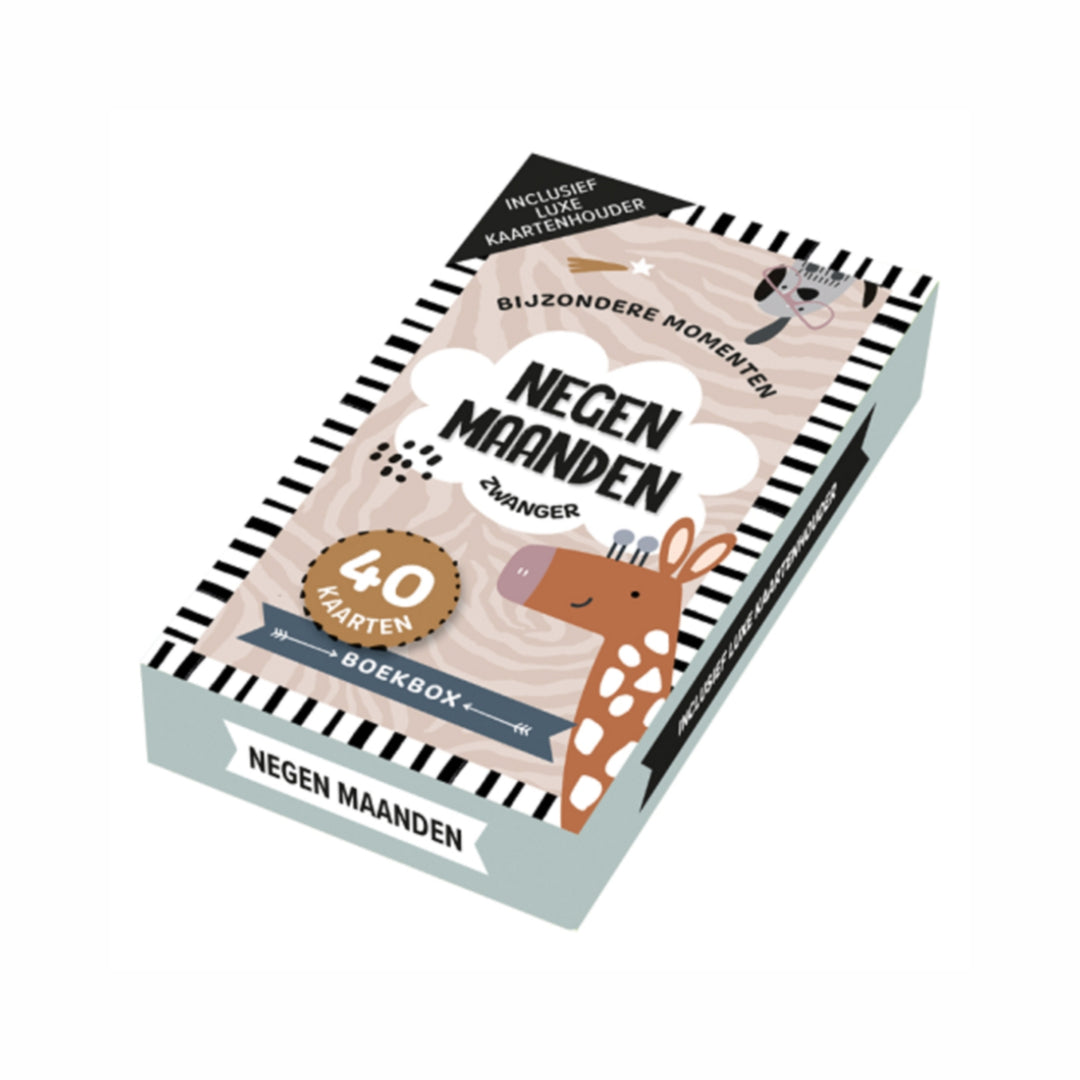 Zwangerschapskaarten negen maanden zwanger kaartenset met 40 kaarten en houten houder