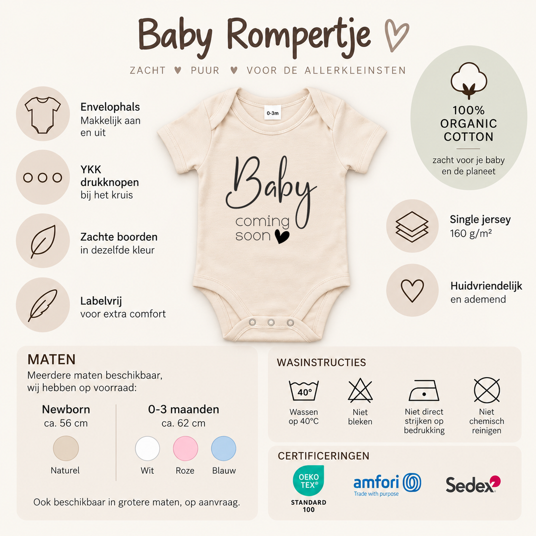 Baby romper met tekst Baby Coming Soon met productinformatie over maten, materiaal en wasinstructies.
