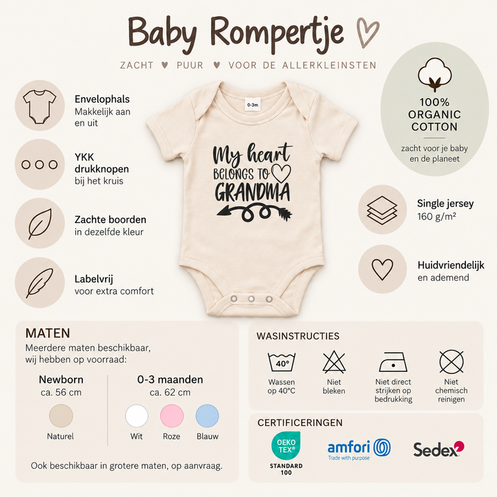 Baby romper My Heart Belongs to Grandma – productinformatie, maten en kleuren.