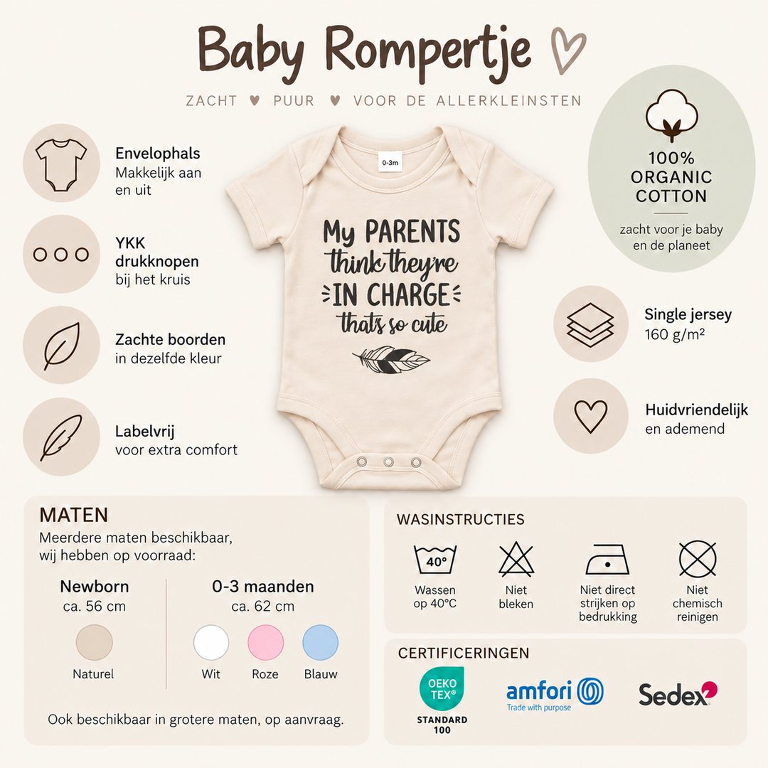 Productinformatie baby rompertje met tekst, maten, kleuren en wasinstructies.