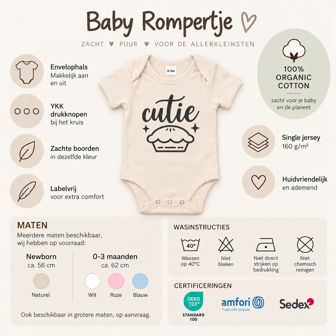 Productinformatie van biologisch katoenen Cutie babyrompertje met maten, kleuren en wasinstructies
