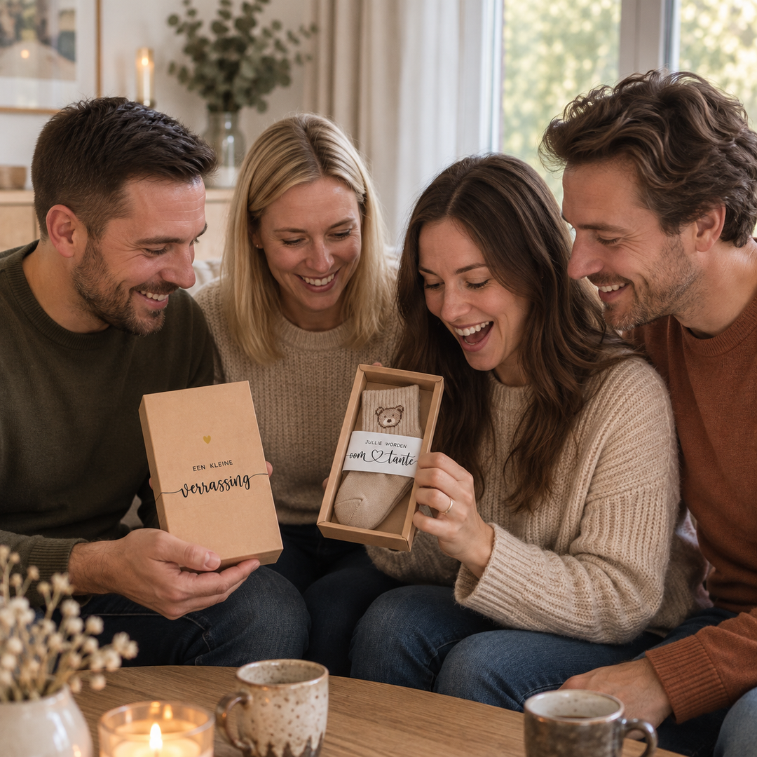Babysokjes met beertje in bruin, beige, zwart en wit voor een zwangerschapsaankondiging