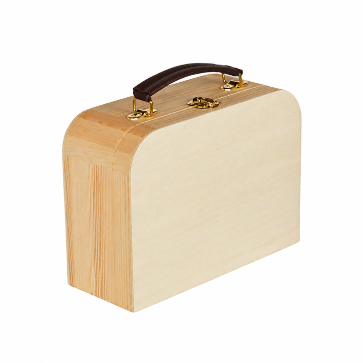 Blanco houten koffertje met zichtbare houtnerf en bruin handvat, schuin van voren.