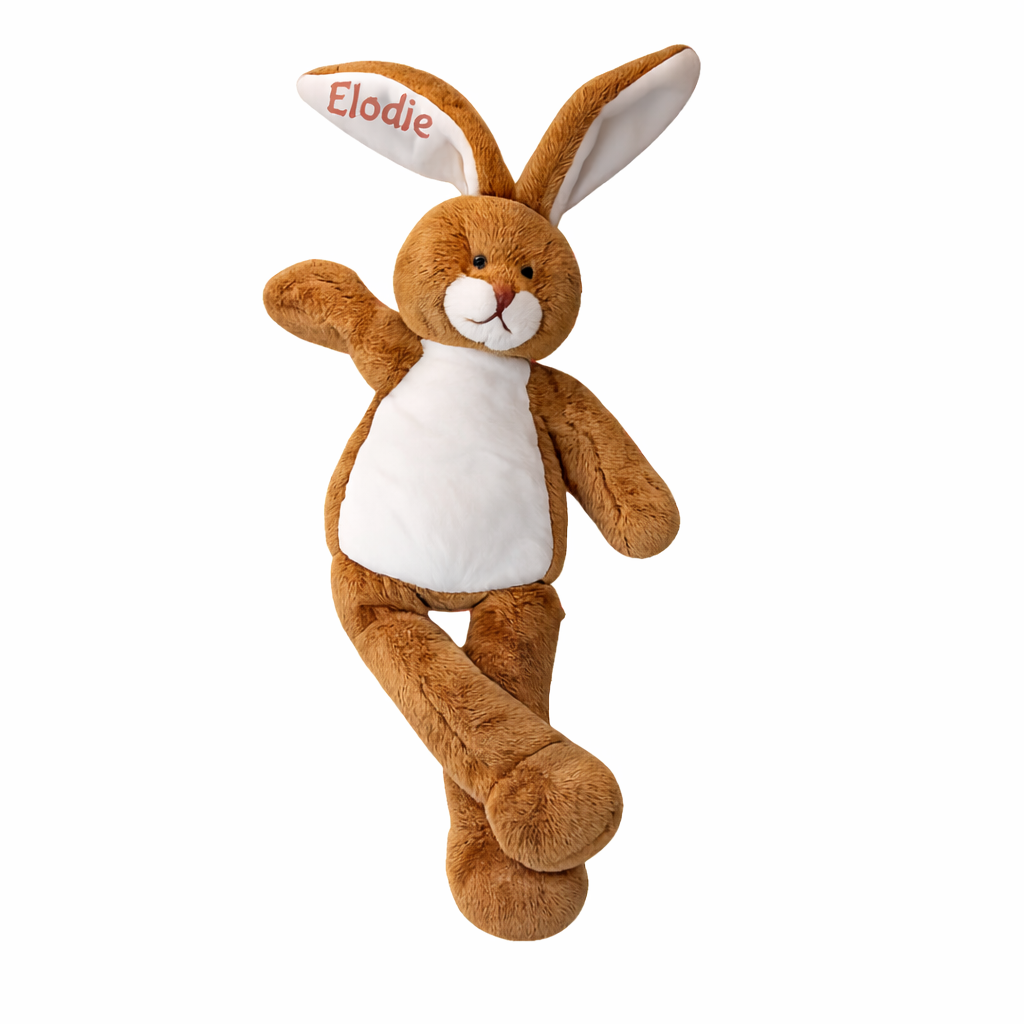 Gepersonaliseerd bruin knuffelkonijn met naam Elodie op het oor – perfect als uniek kraamcadeau