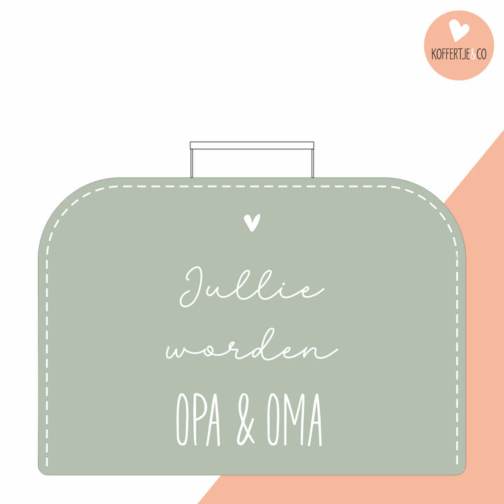 groen koffertje met tekst “jullie worden opa & oma”, zwangerschapsaankondiging logeerkoffertje voor opa en oma