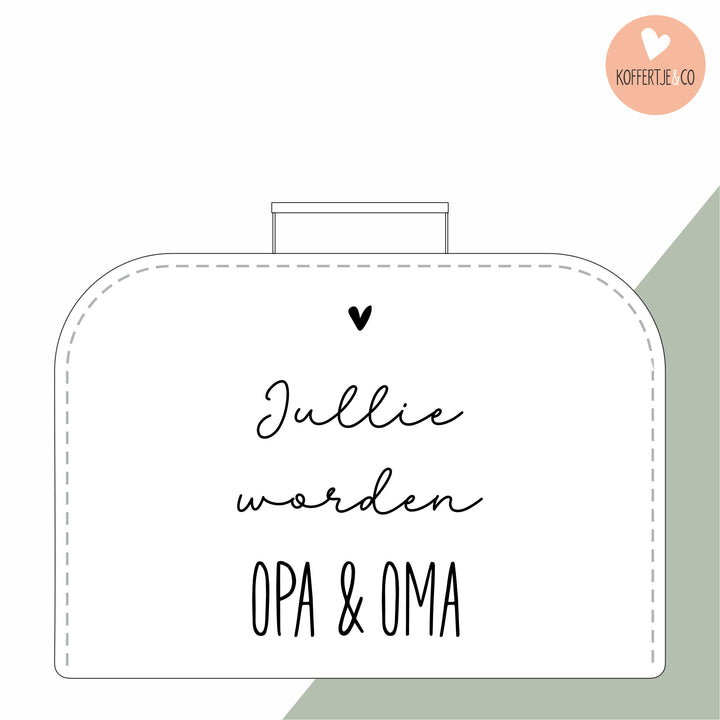 wit koffertje met tekst “jullie worden opa & oma” als zwangerschapsaankondiging voor opa en oma, stijlvol en tijdloos ontwerp