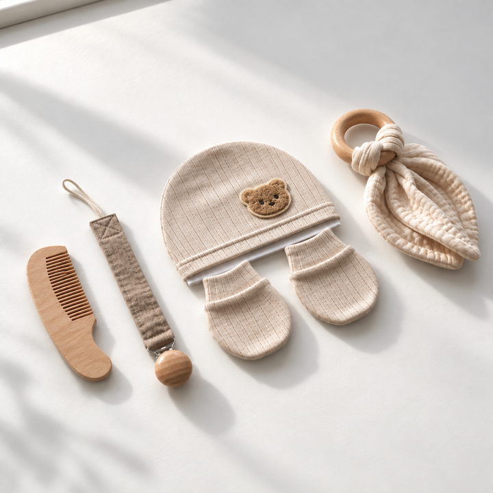 Baby kraamcadeauset beige vanuit zijaanzicht met muts, wantjes, houten kam, speenkoord en bijtring.