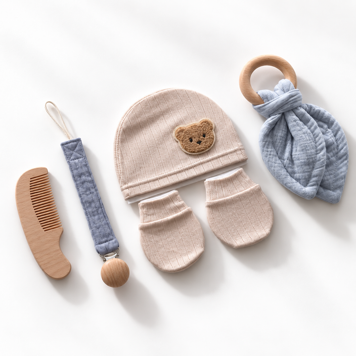 Baby kraamcadeauset blauw vanuit zijaanzicht met muts, wantjes, houten kam, speenkoord en bijtring.