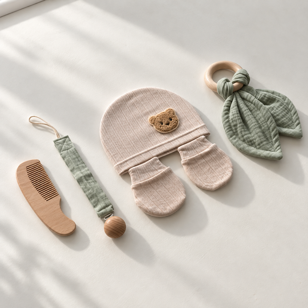 Baby kraamcadeauset groen vanuit zijaanzicht met muts, wantjes, houten kam, speenkoord en bijtring.