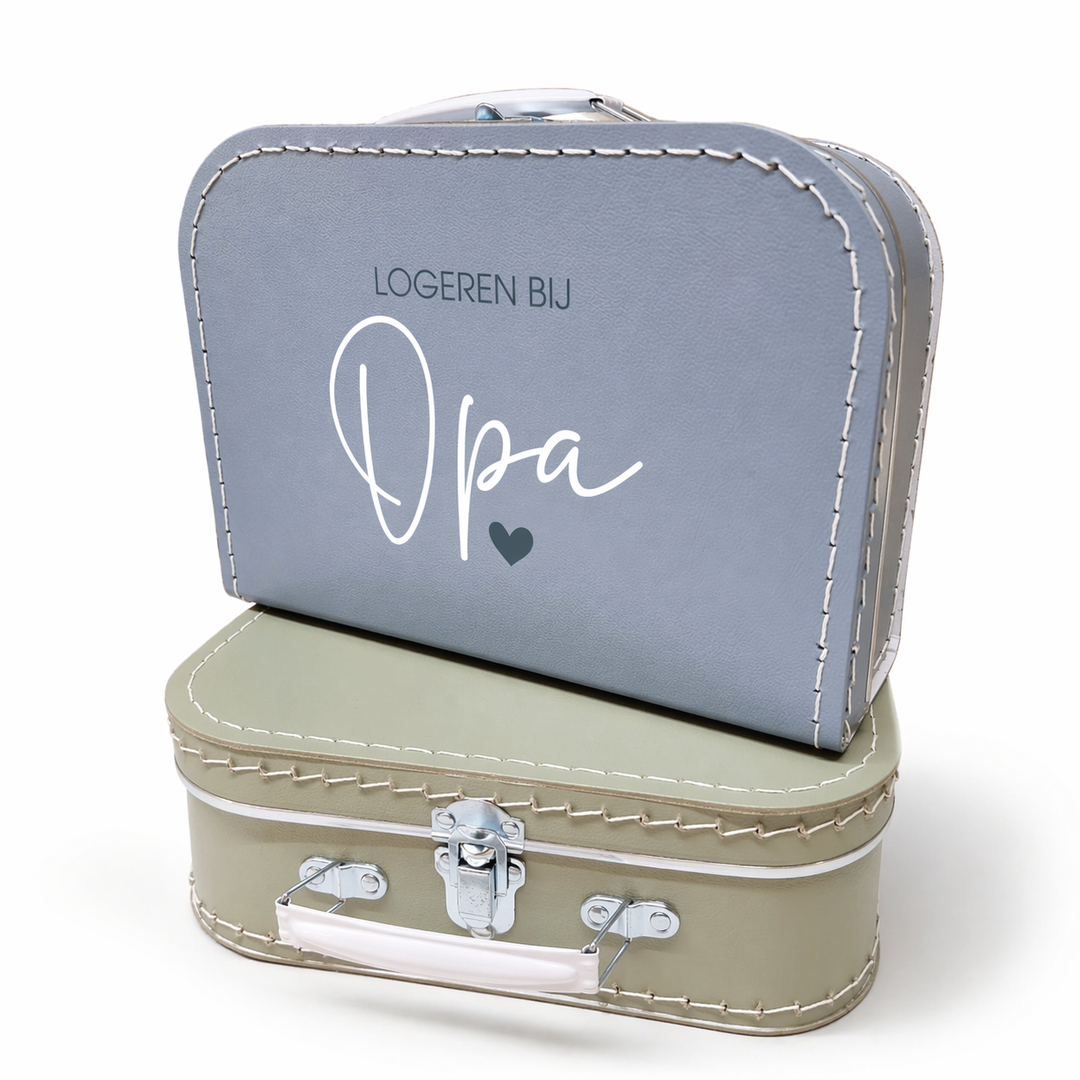 logeren bij opa koffertje in grijs blauw, gepersonaliseerd kinderkoffertje voor logeren en zwangerschapsaankondiging je wordt opa