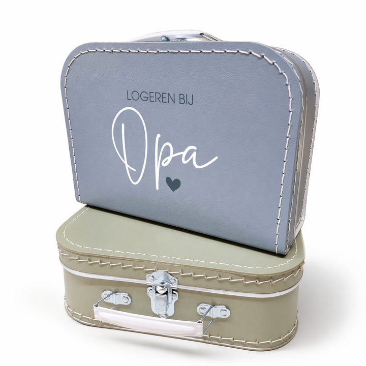 logeren bij opa koffertje in grijs blauw, gepersonaliseerd kinderkoffertje voor logeren en zwangerschapsaankondiging je wordt opa