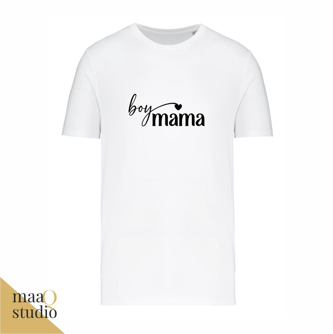 Wit mama shirt met zwarte Boy Mama opdruk en hartje.