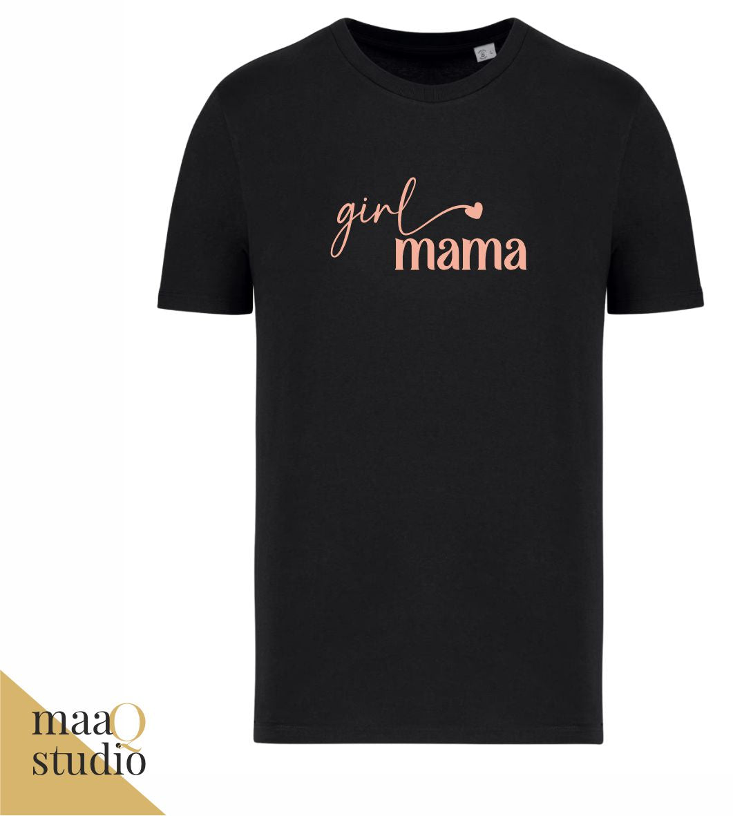 Zwart mama shirt met roze Girl Mama opdruk en hartje.