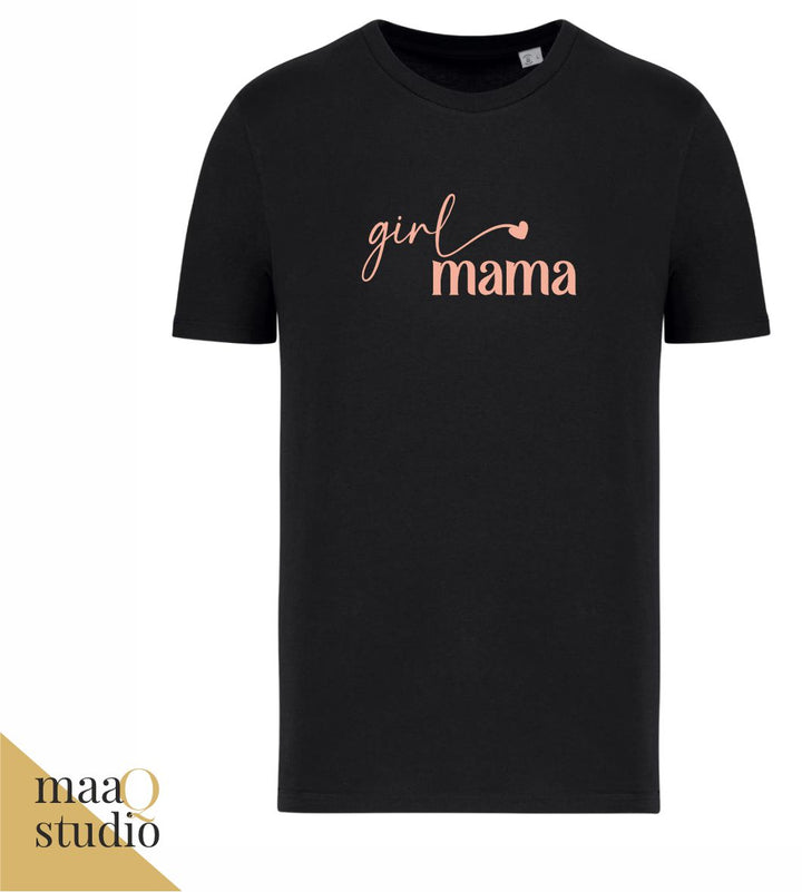 Zwart mama shirt met roze Girl Mama opdruk en hartje.