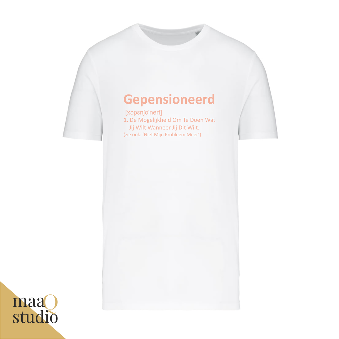 Wit pensioen shirt met roze tekst Gepensioneerd en grappige definitie