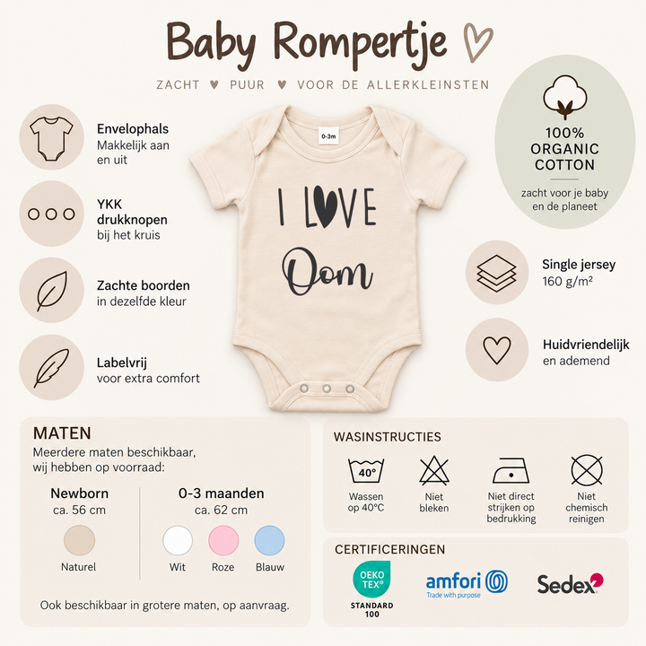 Naturelkleurig rompertje met tekst ‘I love oom’, met informatie over materiaal, maten, kleuren en wasvoorschriften.
