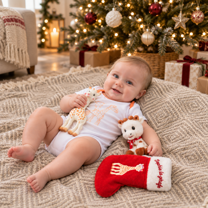 Baby op een beige kleed met Sophie de giraf bijtspeeltje, girafknuffel en rode kerstsok, met een verlichte kerstboom op de achtergrond