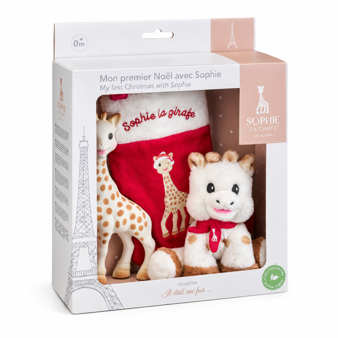 Sophie de giraf kerstcadeauset met girafbijtspeeltje, knuffel en rood-witte kerstsok in cadeaudoos.