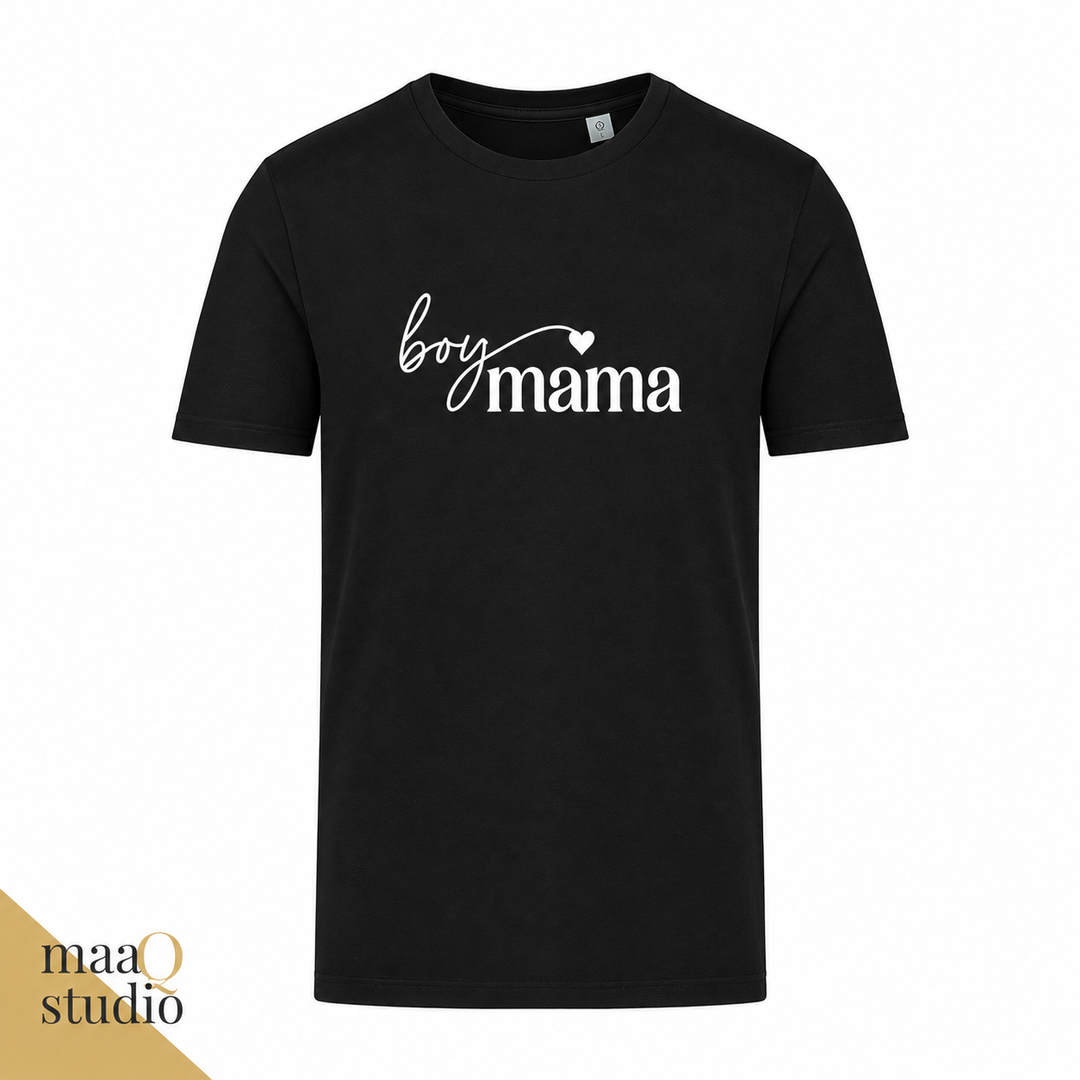 Zwart T-shirt met witte Boy Mama opdruk en hartje, origineel cadeau voor een trotse jongensmama of voor Moederdag