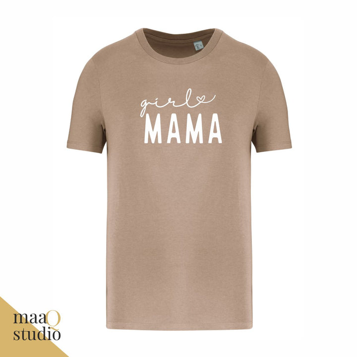 Taupe T-shirt met witte tekst Girl Mama en hartje, cadeau voor mama van meisjes