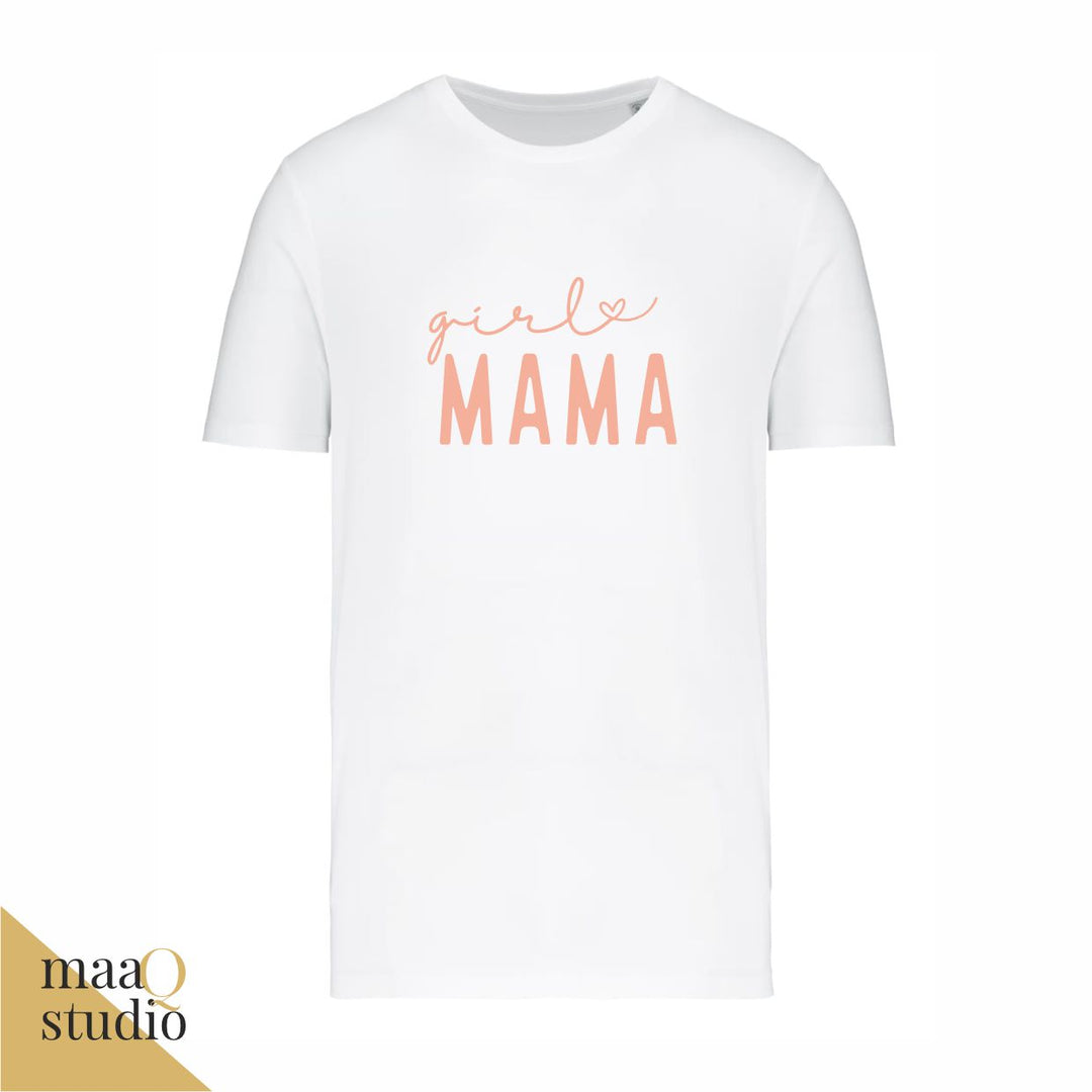 Wit dames T-shirt met roze opdruk Girl Mama en hartje, origineel cadeau voor Moederdag