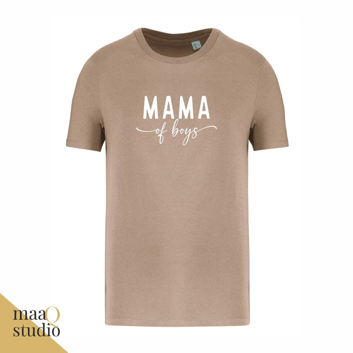 Taupe T-shirt met witte tekst Mama of Boys, cadeau voor trotse jongensmoeders