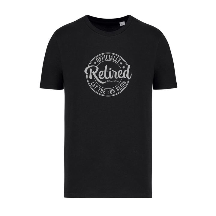 Zwart pensioen T-shirt met grijze opdruk Officially Retired Let the Fun Begin, origineel afscheidscadeau voor een collega