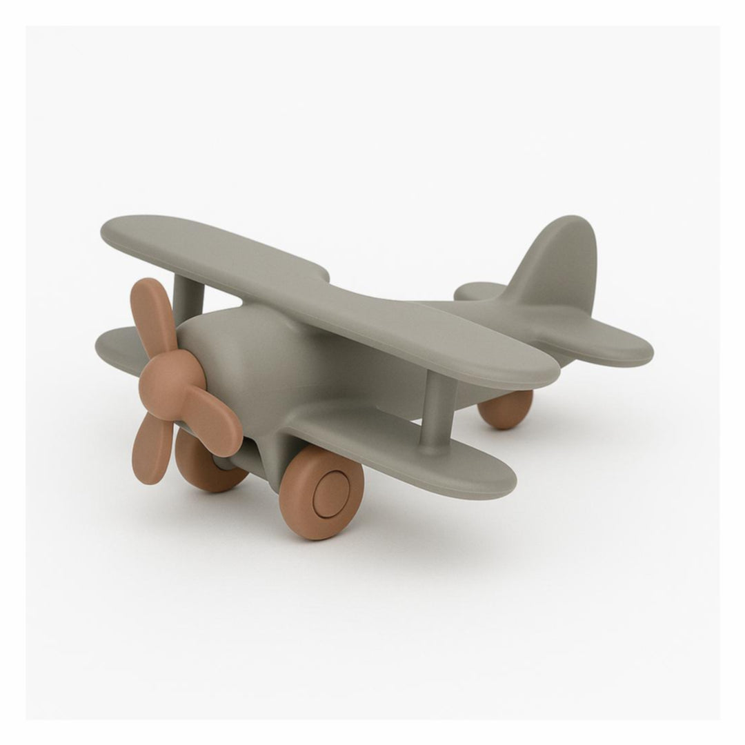 Siliconen speelgoed vliegtuigje in taupe met terracotta accenten – BPA-vrij bijtspeelgoed voor baby’s