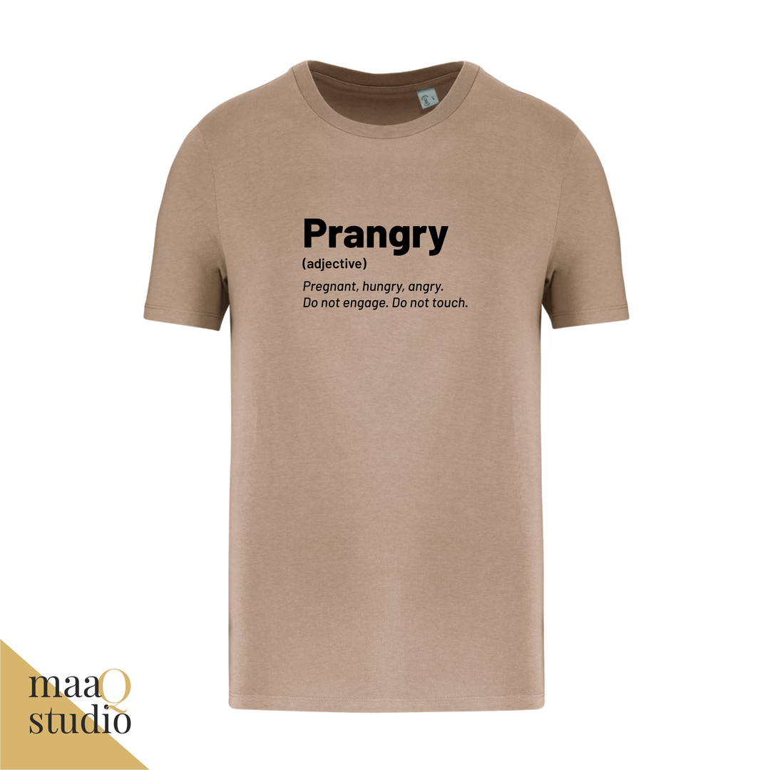 Taupe zwangerschaps t shirt met zwarte Prangry opdruk