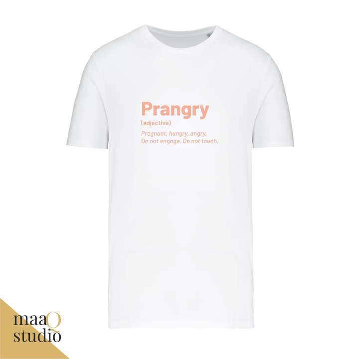 Wit zwangerschaps t shirt met roze Prangry opdruk en tekst Pregnant hungry angry