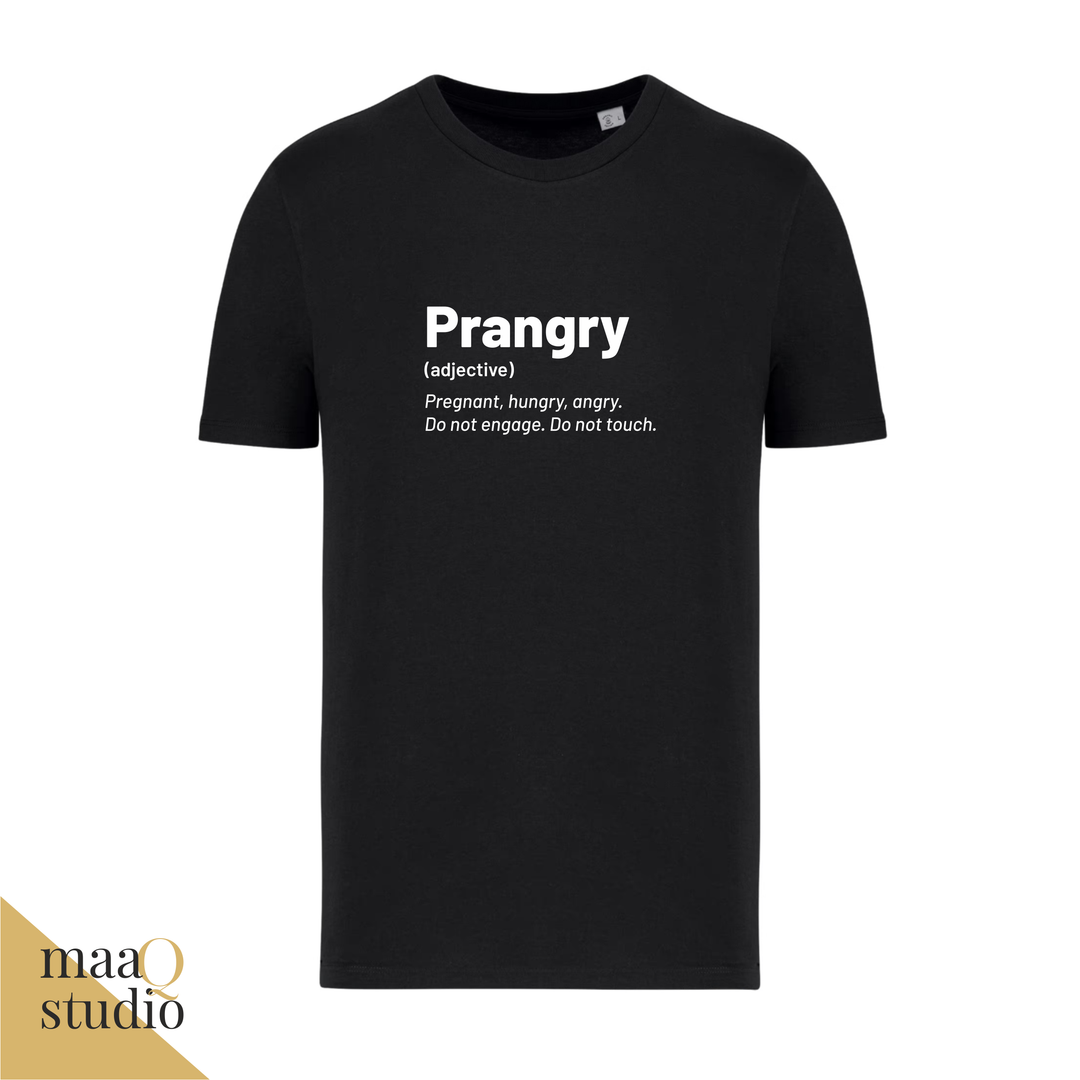 Zwart zwangerschaps t shirt met witte Prangry opdruk